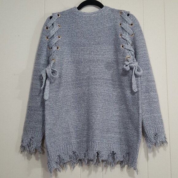 Jella C Frayed Lace up sweater heather gray sz S - Picture 3 of 8